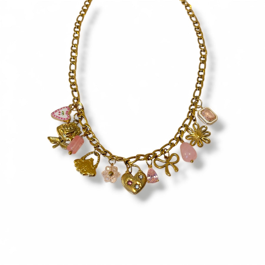 Pink peony charm necklace - 18k gold plated