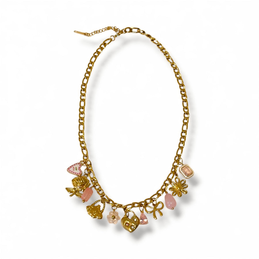 Pink peony charm necklace - 18k gold plated